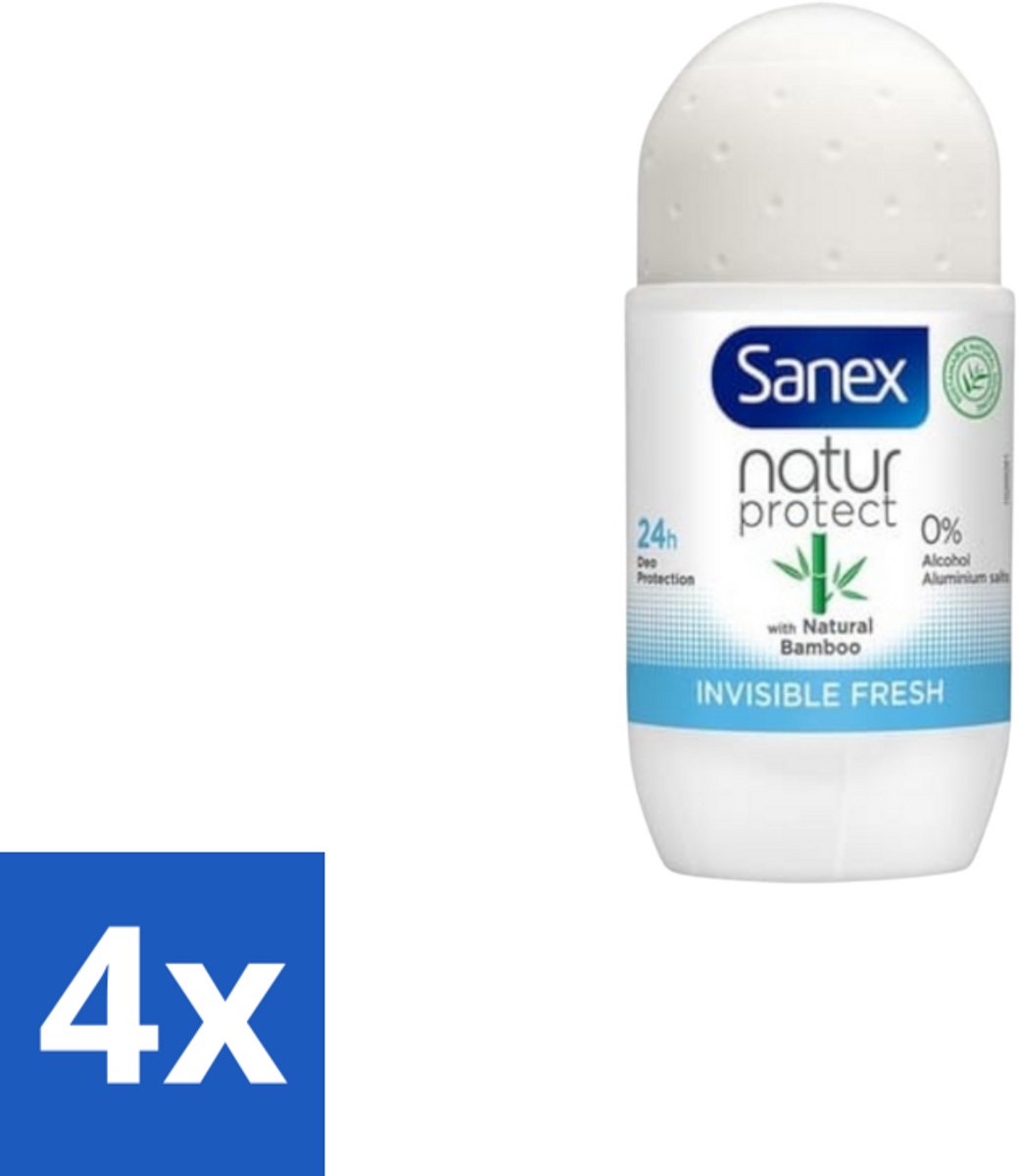 4 x Sanex – Deo Roll-on – Bamboo Invisible Fresh – 50 ml - Deodorant Roll-on - Bamboe - Natuurlijke Frisheid - Kledingbescherming - Witte Vlekken Voorkomen