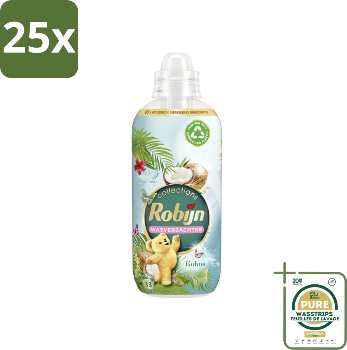 25 x Robijn Wasverzachter Kokos Sensation 33 Wasbeurten 825 ml - Grootverpakking - Wasverzachter Kokos - Kokos Geur - Wasverzachter Tropisch - Wasverzachter Voor Kleding - Wasverzachter 33 Wasbeurten