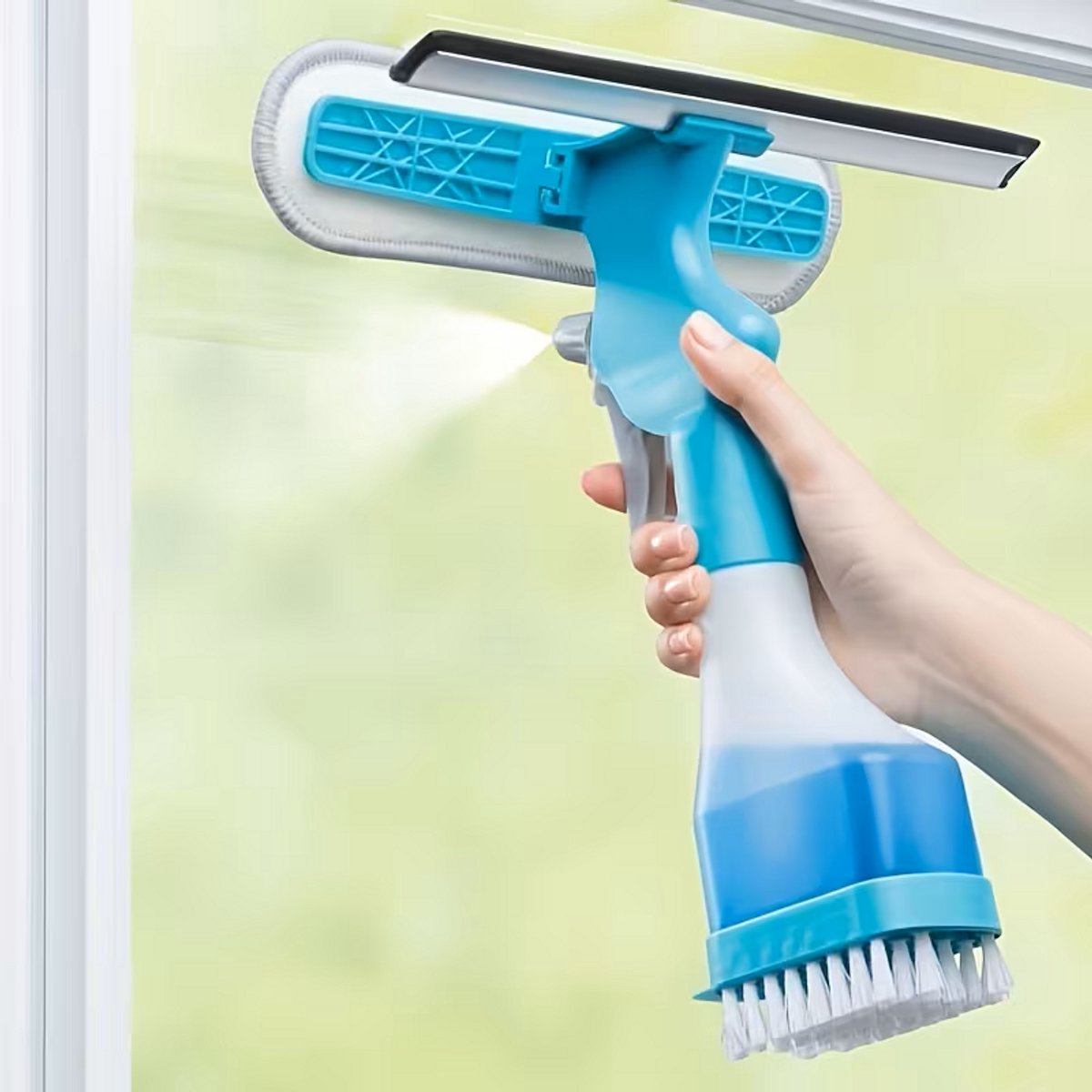 4-in-1 Raamwisser met Spuitfunctie & Borstel - Multifunctionele Glasreiniger - Voor Ramen, Spiegels & Tegels - Met Schraper