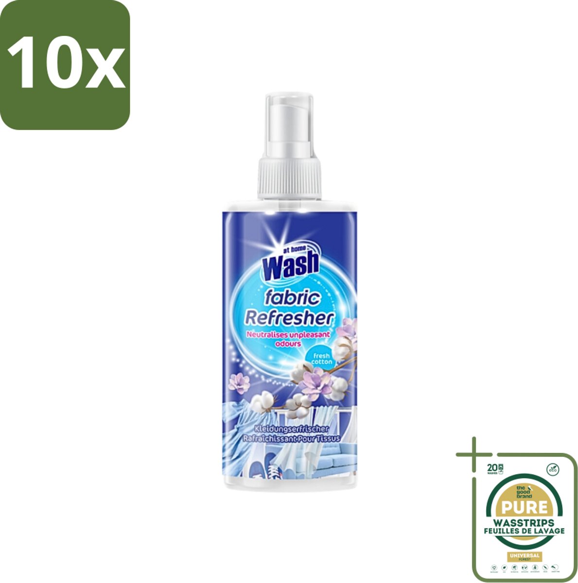 10 x At Home - Wash - Textielverfrisser - Fresh Cotton - Neutraliseert Onaangename Geuren - 300 ml - Grootverpakking - Textielverfrisser - Katoengeur - Geur Neutraliseren - Kleding Verfrissen - Stoffen Verfrissen