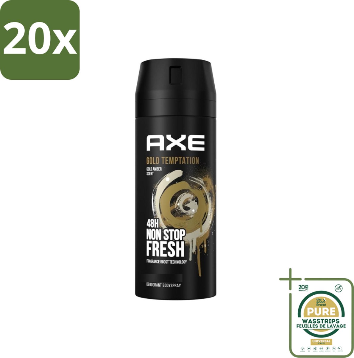 20 x Axe - Deodorant Bodyspray - 48hrs Non Stop Fresh - Gold Temptation - Gold Amber - 150 ml - Grootverpakking - Deodorant Bodyspray - Frisheid - Geur - Citrus - Kruiden