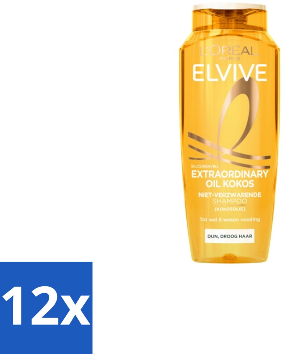 12 x L'Oréal Elvive Extraordinary Oil Shampoo Kokos 250 ml - Fijne Kokosolie - Voeding Zonder Verzwaren - Zachte Kokosgeur - Natuurlijke Glans - Droog Haar