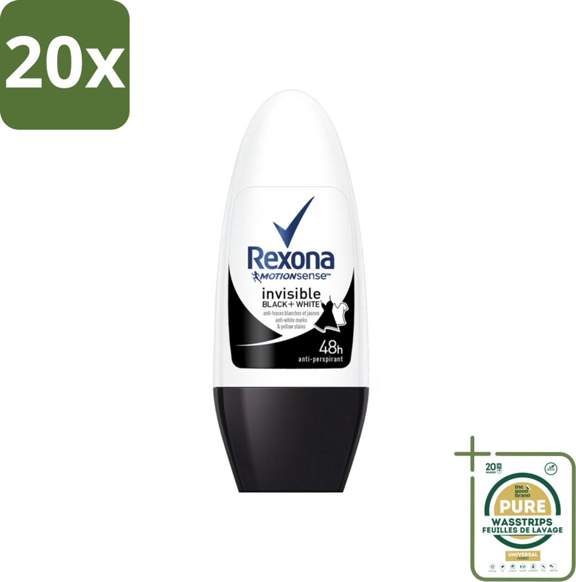 20 x Rexona - Invisible Black & White - Deo Roller - Anti-transpirant - 50 ml - Grootverpakking - Deodorant - Anti-transpirant - Vlekkenvoorkomend - 48 Uur Bescherming - Roll-on Deodorant