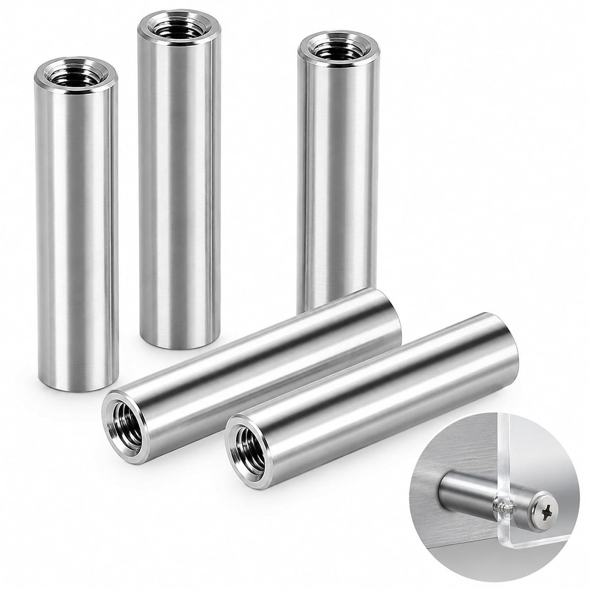 Set van 5 Ronde Draadmoffen M6 × 30 mm van RVS, Verbindingselementen voor Draadstangen, Corrosiebestendig en Precisie Draad voor Mechanica en DIY Projecten