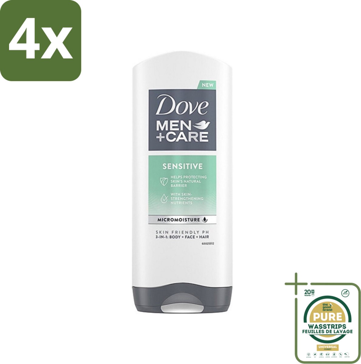 Dove - Shower Gel - 3-in-1 - Men Care Sensitive - Verfrissend en zacht - 400 ml - Voordeelverpakking - 4 stuks - Gevoelige huid - 3-in-1