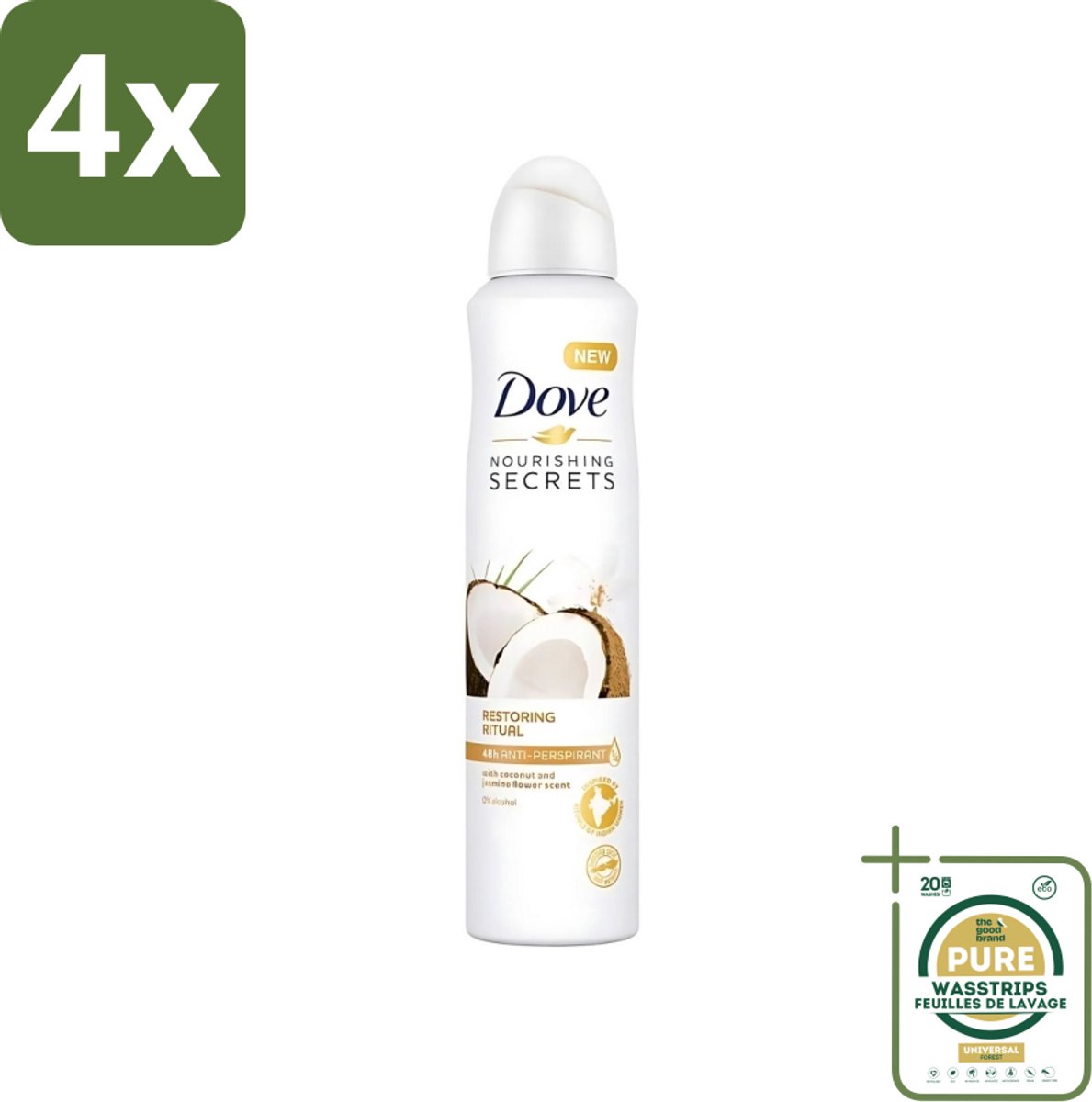 Dove - Deodorant - Coconut & Jasmine Flower - Tropisch en verzorgend - 250 ml - Voordeelverpakking - 4 stuks - Anti-transpirant spray - Zachte oksels