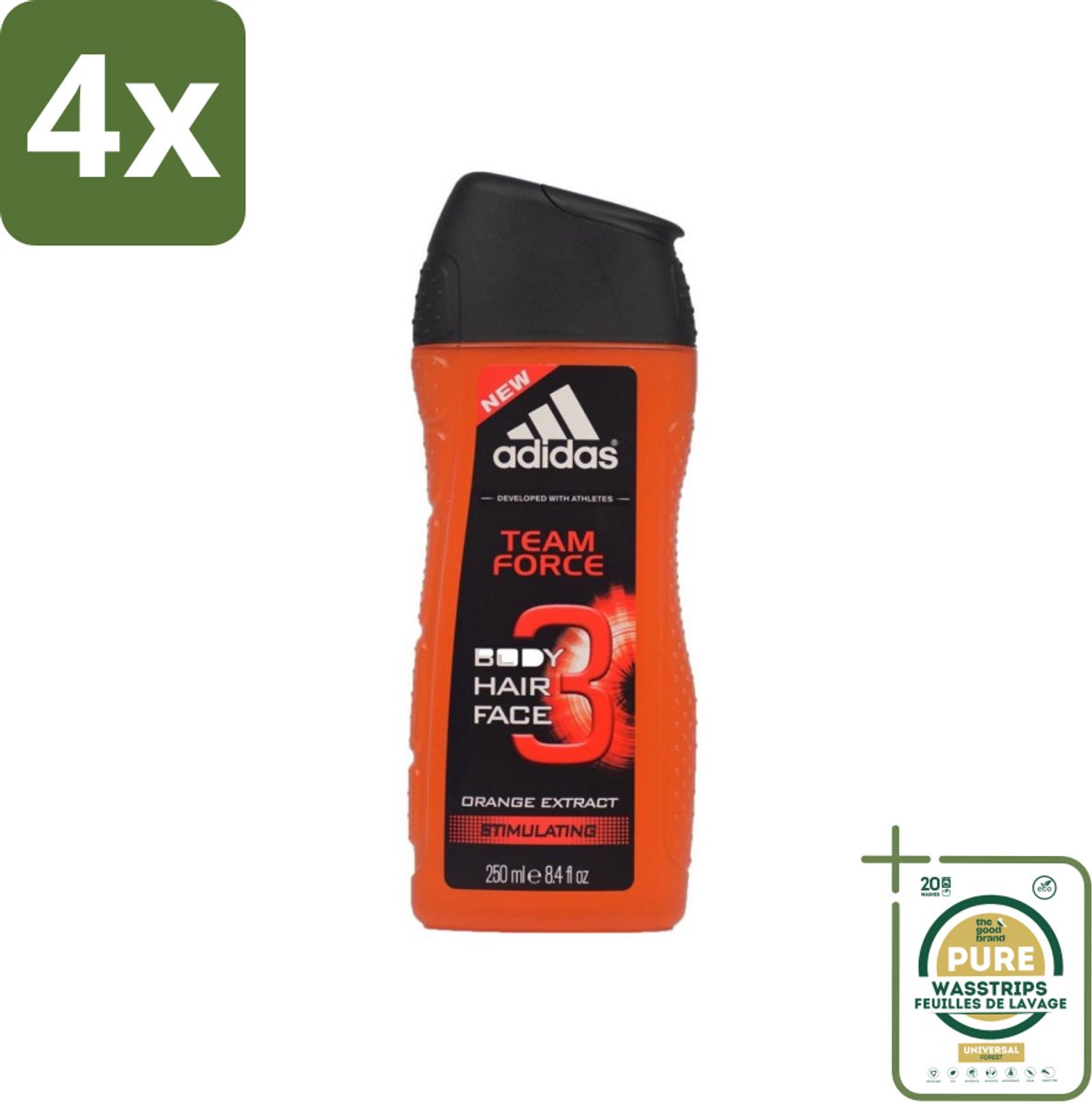 Adidas - 3-in-1 Douchegel - Team Force - Sinaasappel Extract - Stimulating - 250 ml - Voordeelverpakking - 4 stuks - Frisheid - Sinaasappel