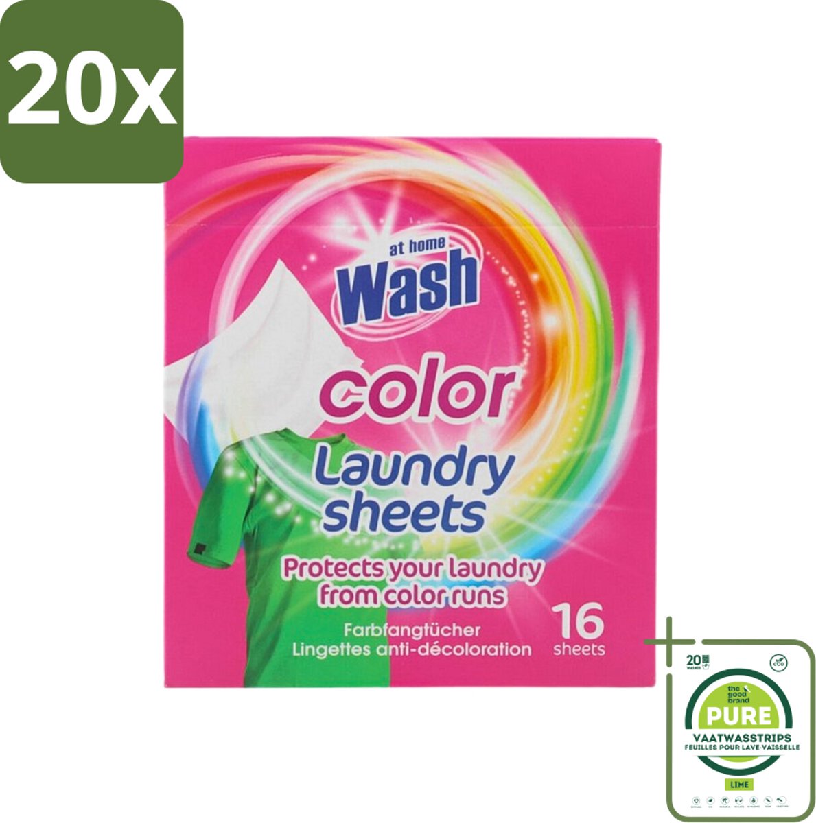 20 x At Home - Wash - Wasdoekjes - Gekleurde Was - Tegen Verkleuring - 12 Doekjes - Grootverpakking - Kleurverschil - Wasmachine - Wasdoek - Kleurbeschermd - Wasdoekje