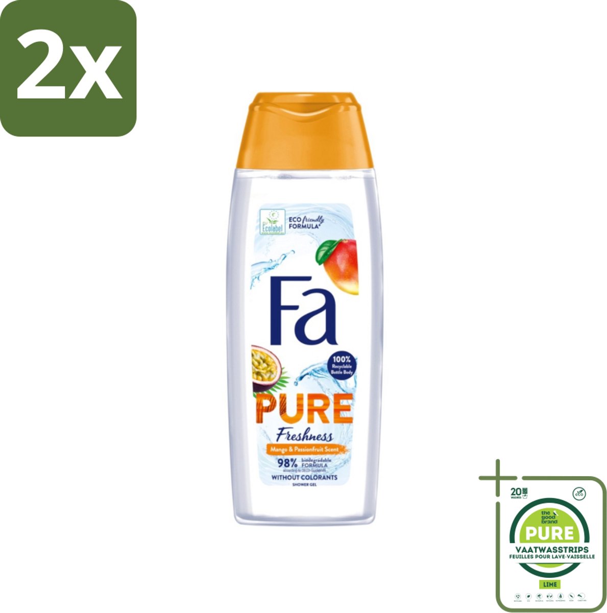Fa - Douchegel - Pure Freshness Mango & Passievrucht - Verfrissend & Zoet - Hydraterend - 250 ml - Voordeelverpakking - 2 stuks - Douchegel mango passievrucht - Verfrissende geur