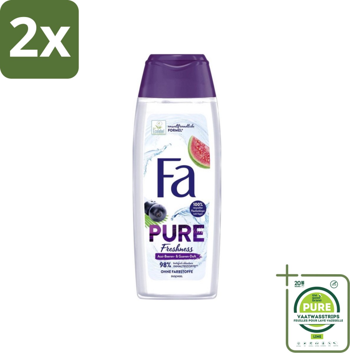 Fa - Douchegel - Pure Freshness - Acai & Guave - Verfrissend & Verzorgend - 250 ml - Voordeelverpakking - 2 stuks - Douchegel - Acai