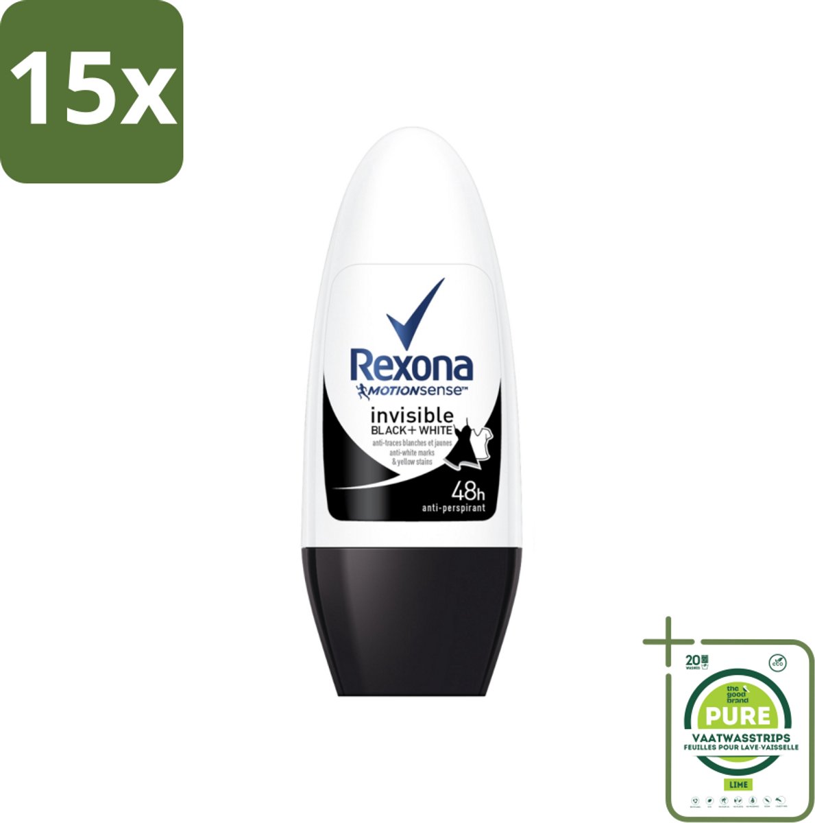 15 x Rexona - Invisible Black & White - Deo Roller - Anti-transpirant - 50 ml - Grootverpakking - Deodorant - Anti-transpirant - Vlekkenvoorkomend - 48 Uur Bescherming - Roll-on
