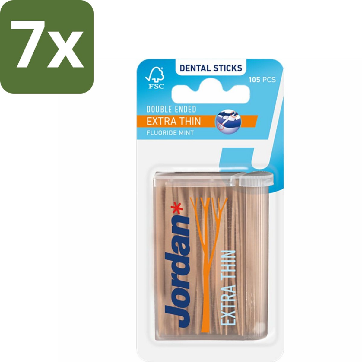 7 x Jordan Tandenstokers Double Ended Extra Thin 105 stuks per verpakking - Tandenstokers - Interdentale Ruimtes - Tanden Reinigen - Tandplak Verwijderen - Fluoride