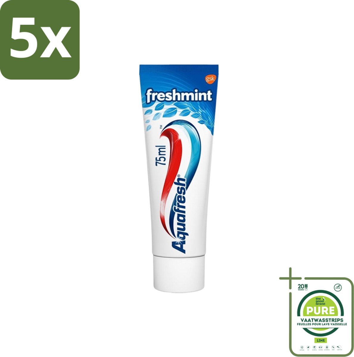 5 x Aquafresh Tandpasta Freshmint Frisse Adem 75 ml - Grootverpakking - Tandpasta - Suikerzuurbescherming - Gaatjes - Tandvleesproblemen - Tandplak