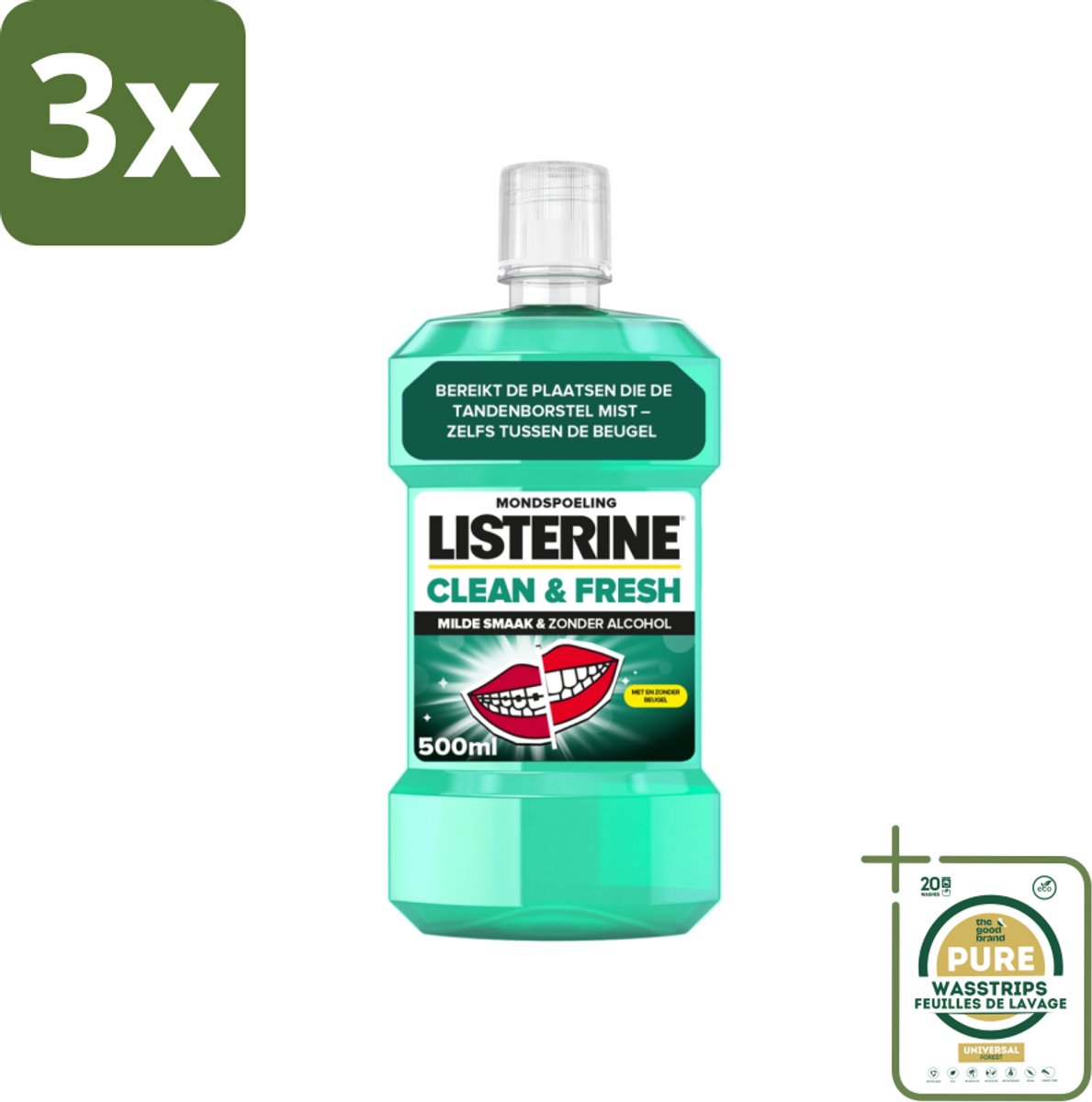 3 x Listerine - Mondwater - Clean & Fresh - Zonder Alcohol - 500 ml - Grootverpakking - Mondspoeling - Mondwater - Tandplak - Bacteriën - Beugel