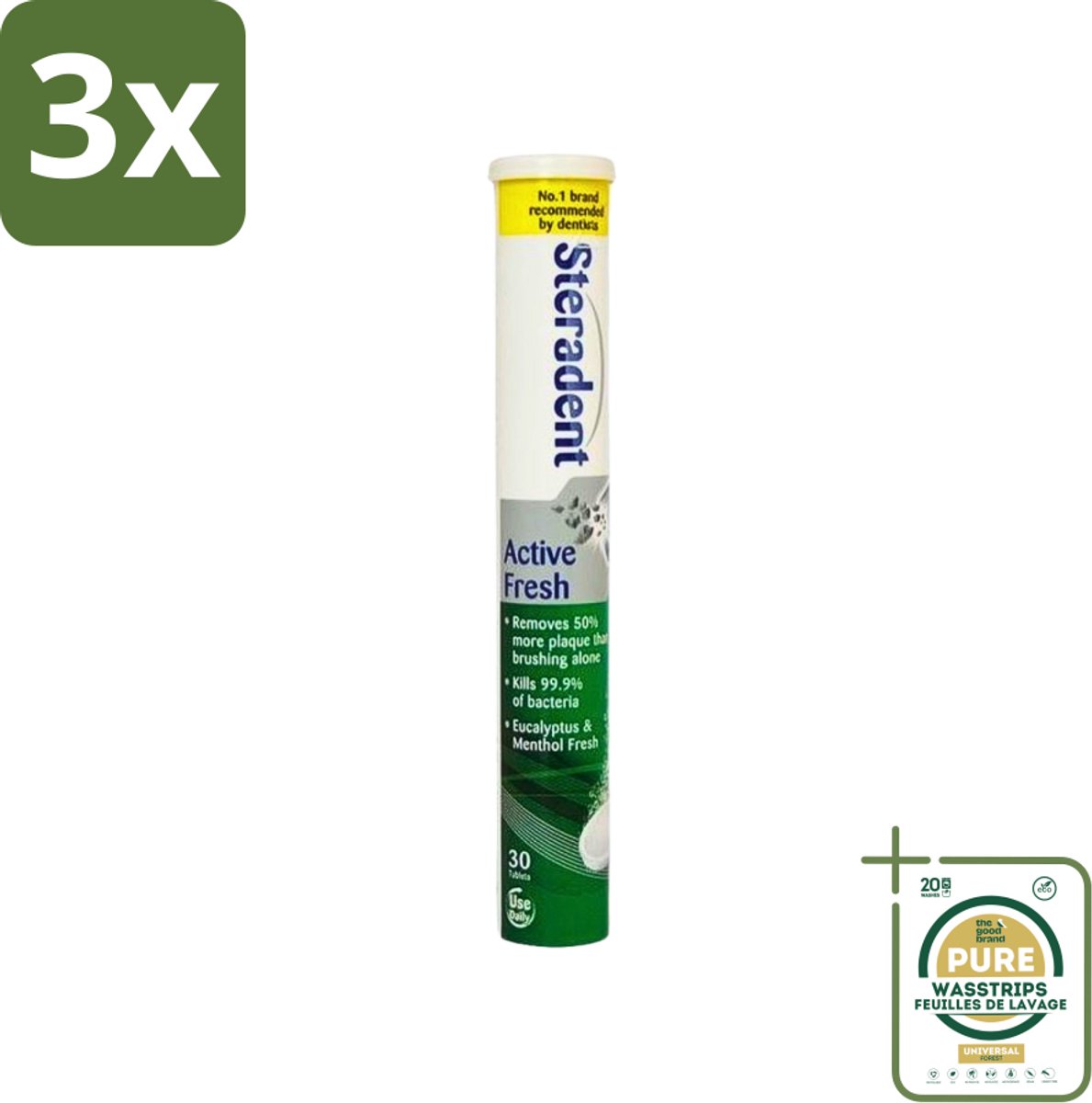 3 x Steradent - Reinigingstabletten - Active Fresh - Voor Kunstgebitten - 30 Tabletten - Grootverpakking - Kunstgebit Reinigen - Kunstgebit Reinigingstabletten - Kunstgebit Hygiëne - Kunstgebit Reinigen 3 Minuten - Frisse Adem