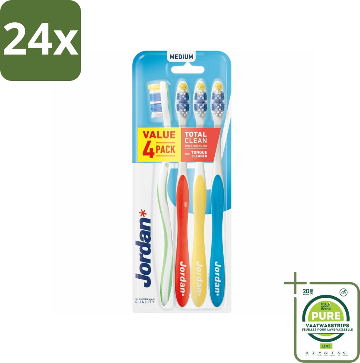 Jordan Tandenborstel Total Clean Medium 4-pack 4 stuks per verpakking - Voordeelverpakking - 24 stuks - Tandenborstel - Mondhygiëne