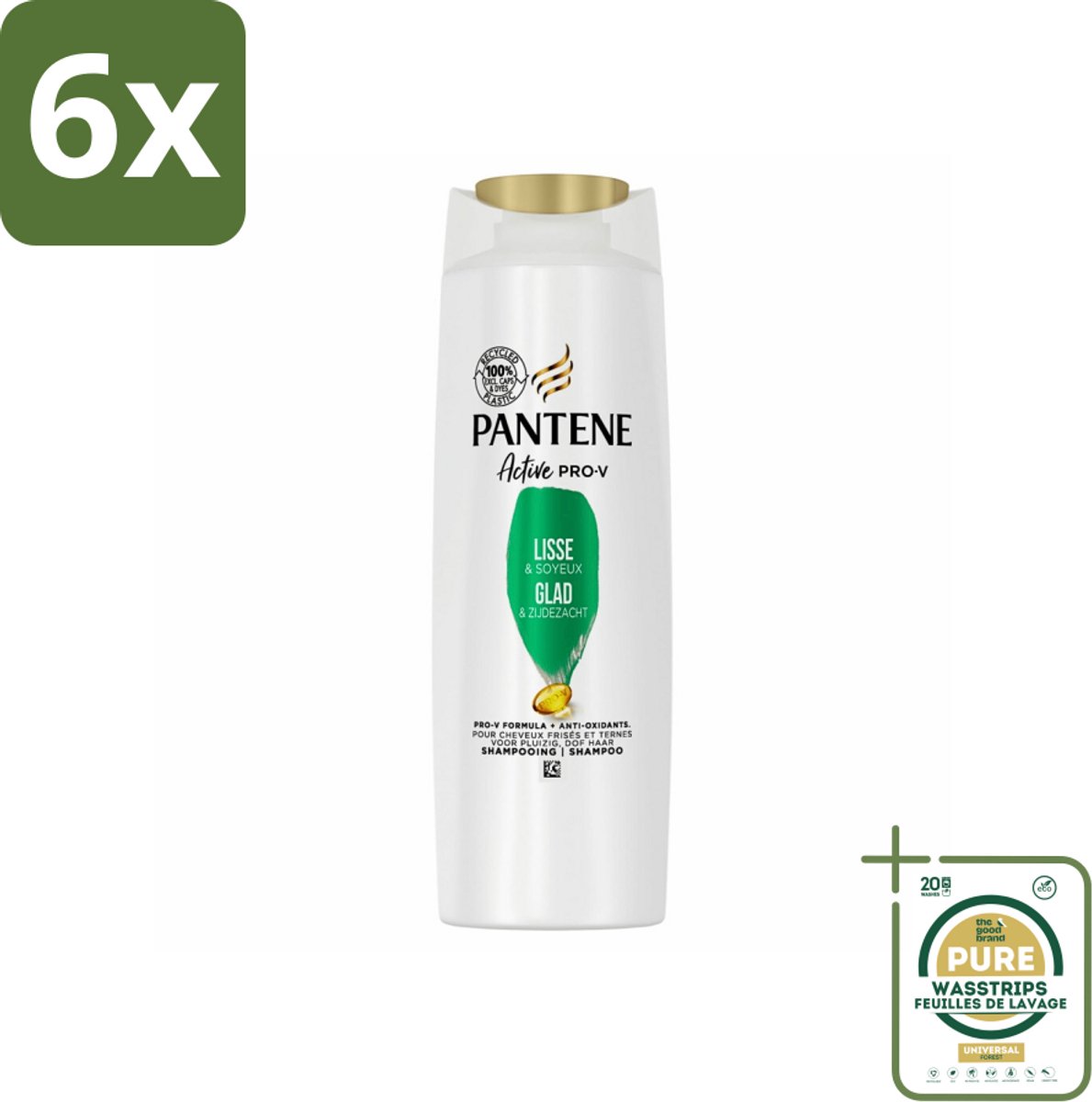 Pantene - Shampoo - Glad & Zijdezacht - Voedt en Versterkt - Voor Pluizig Haar - 225 ml - Voordeelverpakking - 6 stuks - Zijdezacht haar - Voeding haar