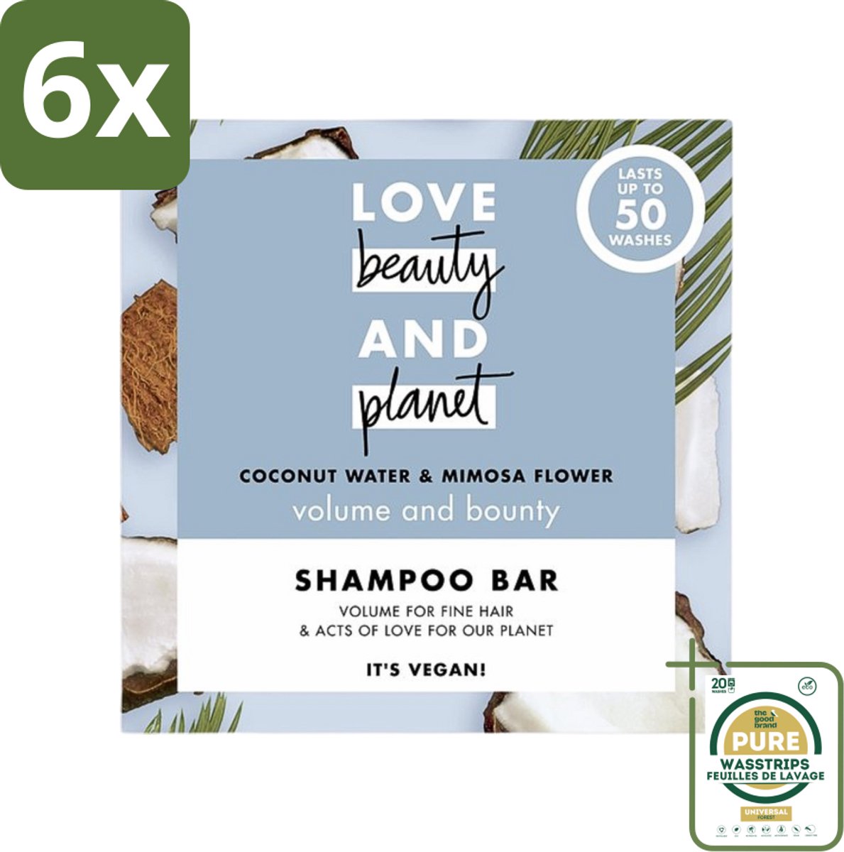 Love Beauty and Planet - Shampoo Bar - Coconut Water & Mimosa Flower - Hydratatie & Volume - 90 g - Voordeelverpakking - 6 stuks - Mimosa - Volume