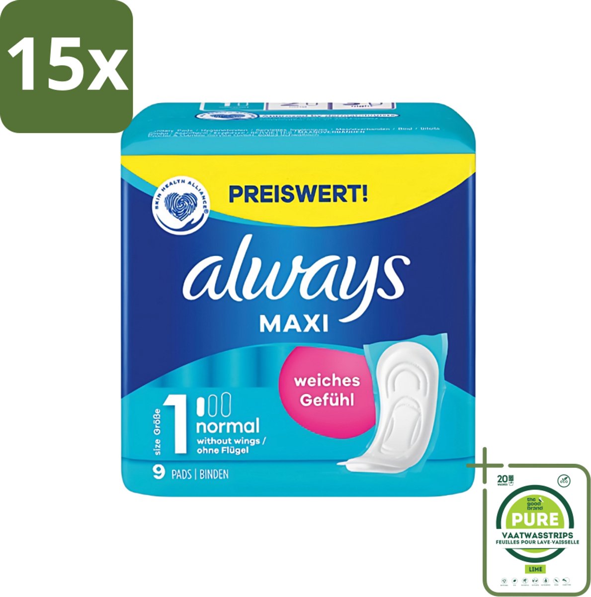 15 x Always Maxi - Maandverband - Maat 1 - Normal - 9 Pads - Grootverpakking - Maandverband - Menstruatie - Absorptie - Comfort - Betrouwbaar