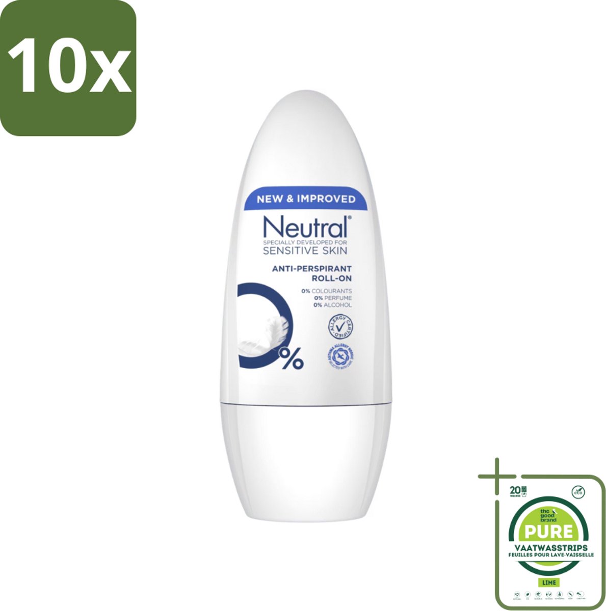 10 x Neutral - Deodorant Roller - Gevoelige Huid - Anti-perspirant - 0% Parfum, Kleurstof & Alcohol - 50 ml - Grootverpakking - Gevoelige Huid - Anti-perspirant - Deodorant Roller - Biologisch Afbreekbaar - Milieuvriendelijk