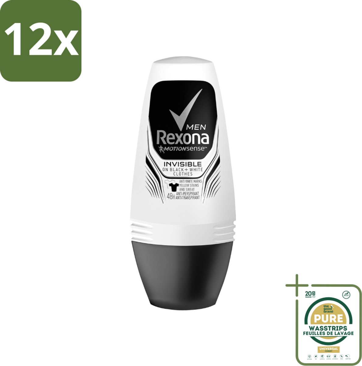 Rexona Men - Invisible On Black & White - Deo Roller - 50 ml - Voordeelverpakking - 12 stuks - Vlekkenbescherming - Roll-on deodorant