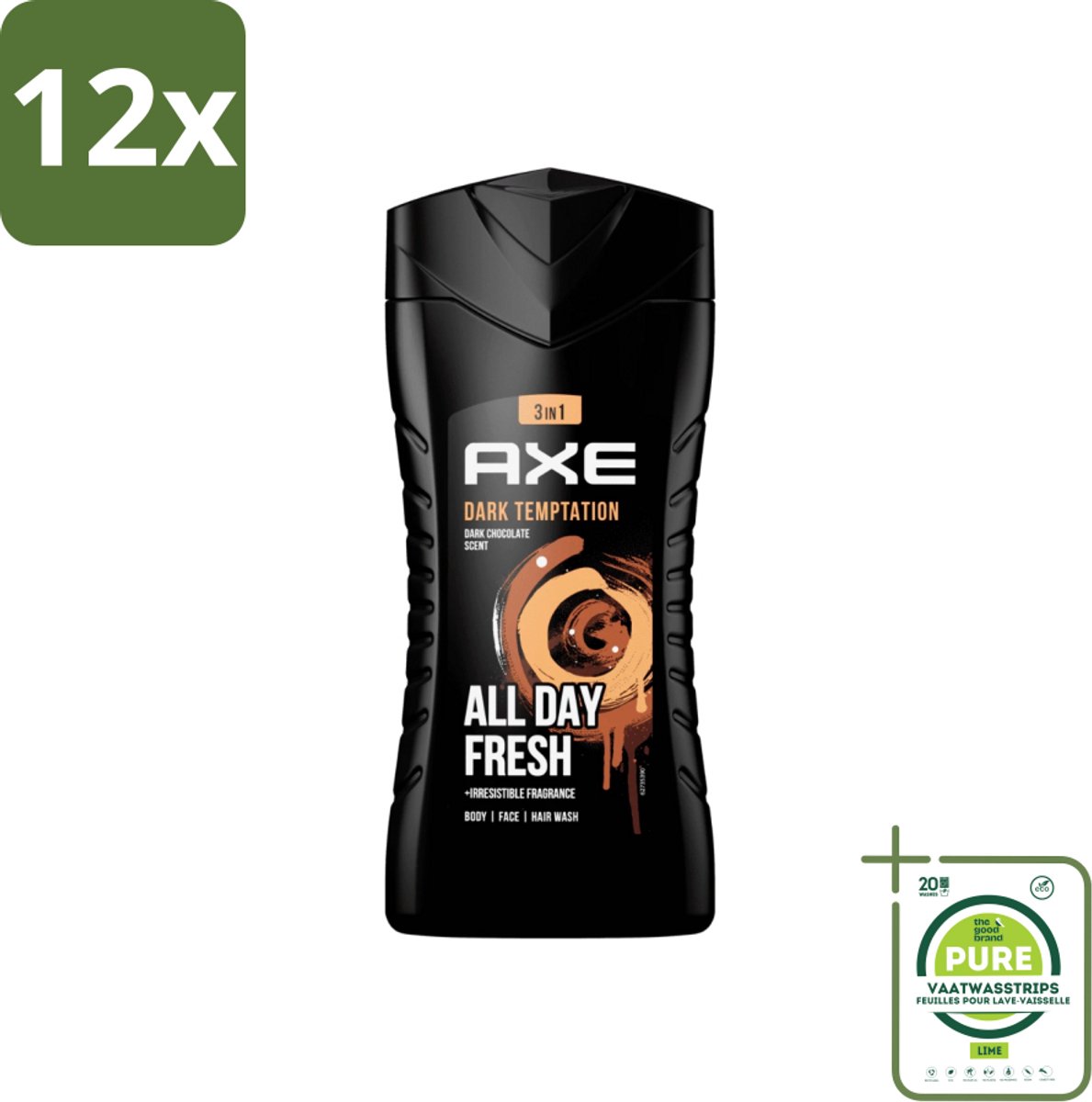 Axe - 3-in-1 Douchegel - Dark Temptation - Dark Chocolate - 250 ml - Voordeelverpakking - 12 stuks - Axe Dark Temptation Douchegel - 3-in-1 Douchegel