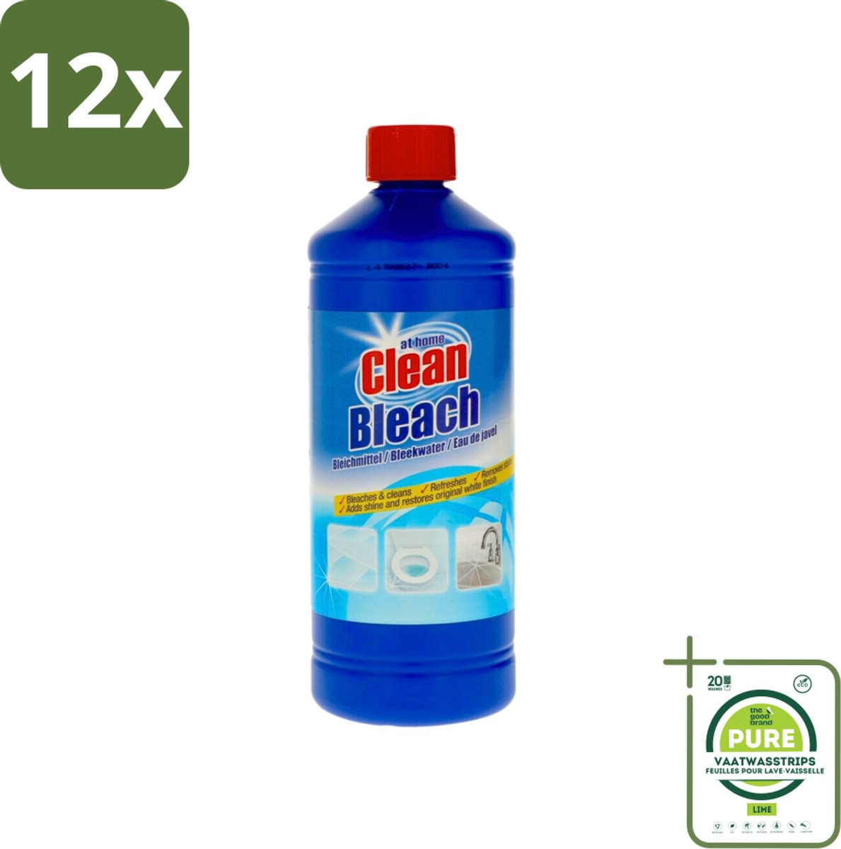 At Home - Clean - Bleekmiddel - Hersteld Oorspronkelijke Wit - 1 L - Voordeelverpakking - 12 stuks - Bleken - Reinigen
