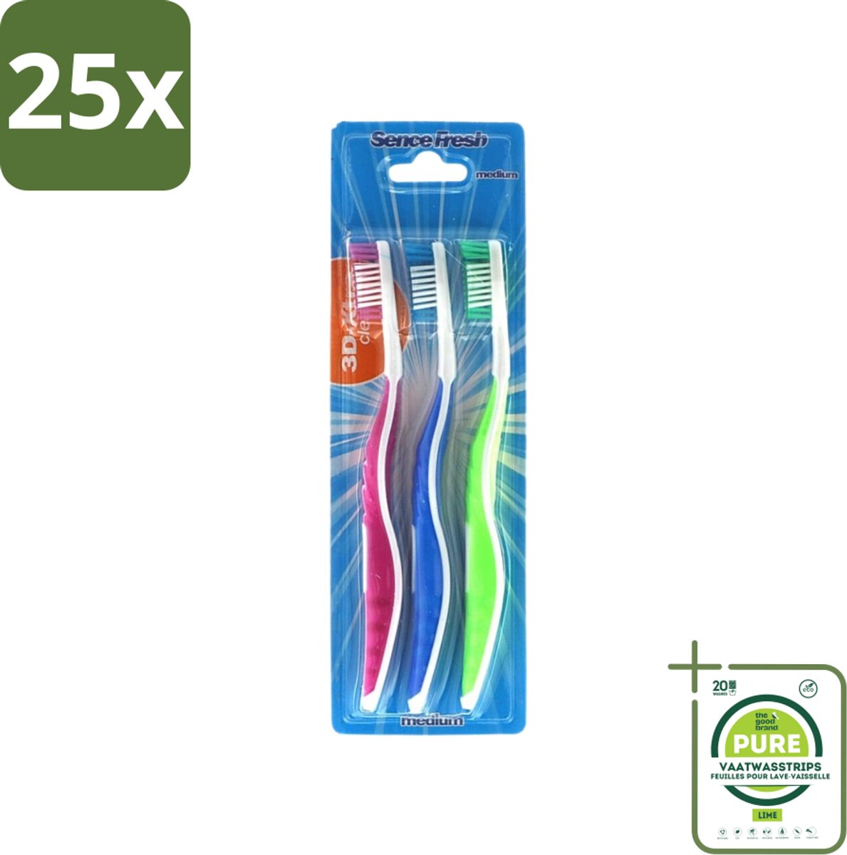 25 x Sence - Fresh 3D-Extra Clean - Tandenborstels - Medium - 3 Tandenborstels - Grootverpakking - Tandenborstel - Tandenborstels - Tandenborstel 3d - Tandenborstel Extra Clean - Tandenborstel Medium