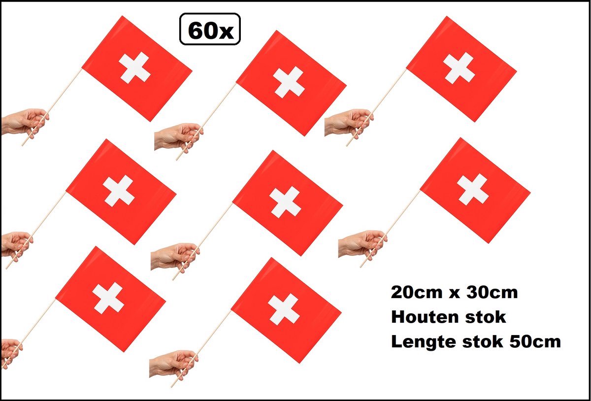 60 stuks Luxe Zwaaivlaggetjes op stok Zwitserland 20cm x 30cm - lengte stok 50cm - Zwaai vlaggetjes thema feest voetbal festival uitdeel