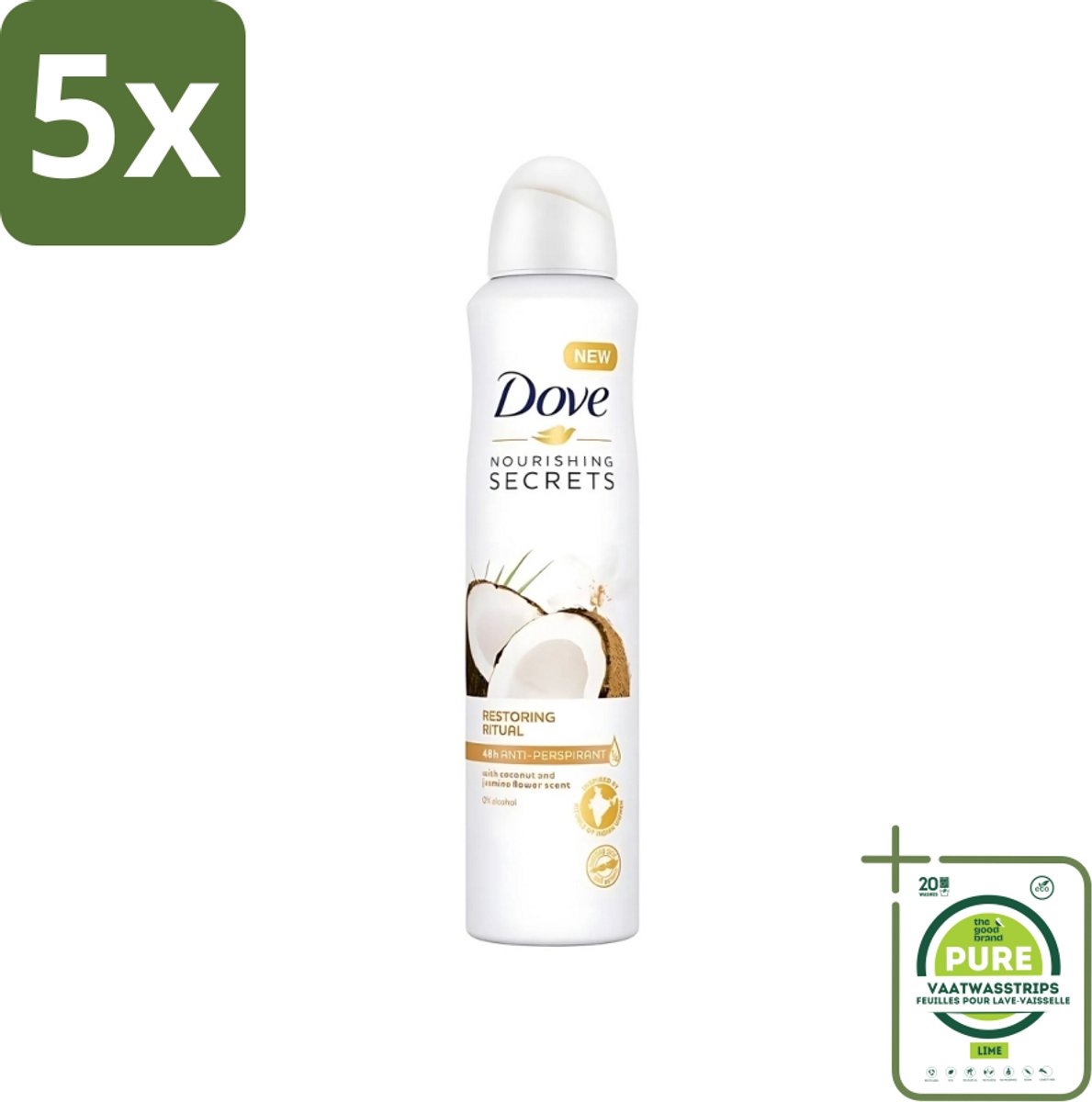 5 x Dove - Deodorant - Coconut & Jasmine Flower - Tropisch en verzorgend - 250 ml - Grootverpakking - Dove Deodorant Spray - Kokos En Jasmijn - Anti-transpirant Spray - Zachte Oksels - Geur Van Kokos En Jasmijn