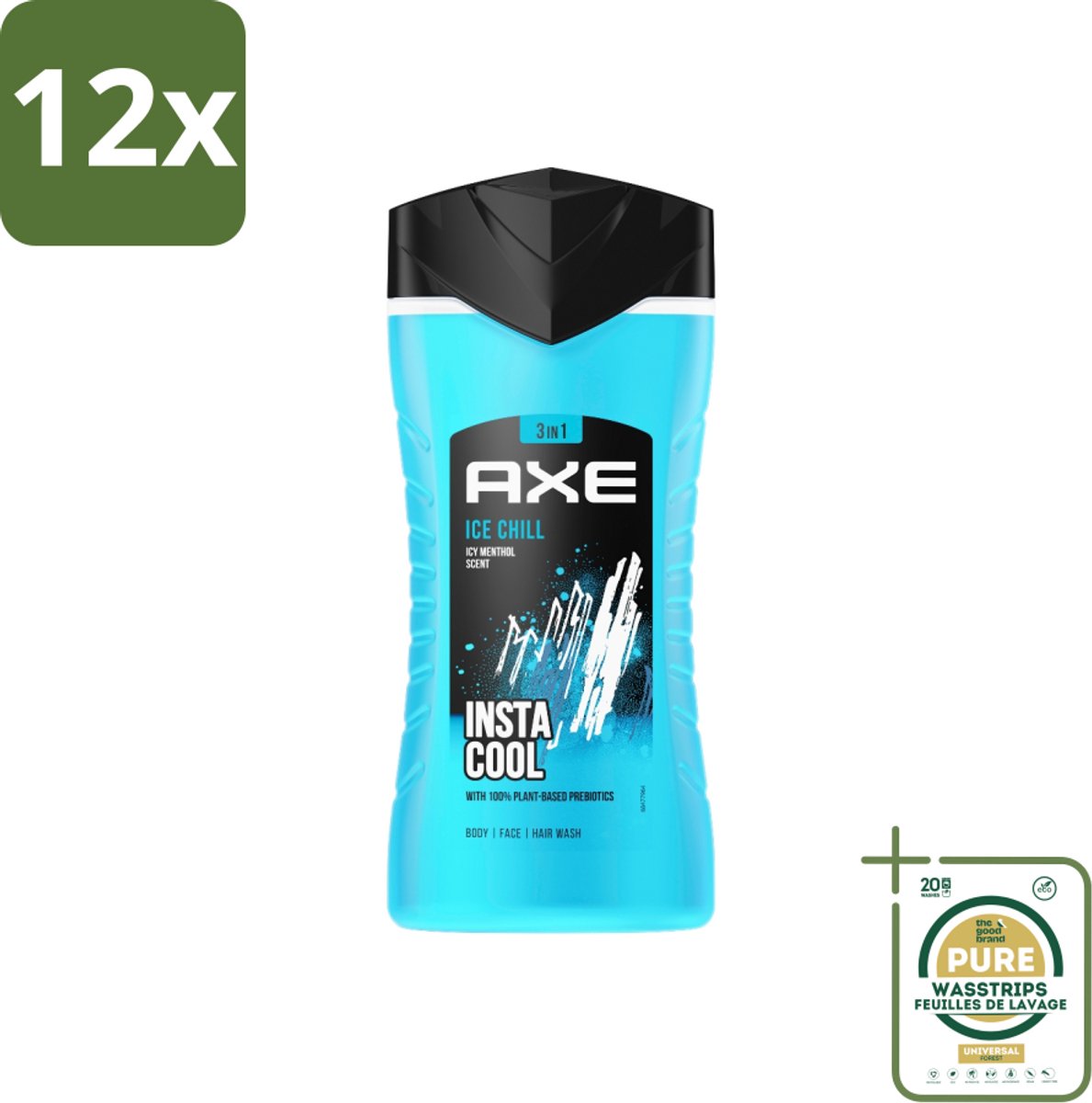 Axe - 3-in-1 Douchegel - Ice Chill - Icy Menthol - Insta Cool - 100% Plantaardig - 150 ml - Voordeelverpakking - 12 stuks - Douchegel voor gezicht en haar - Onweerstaanbare geur