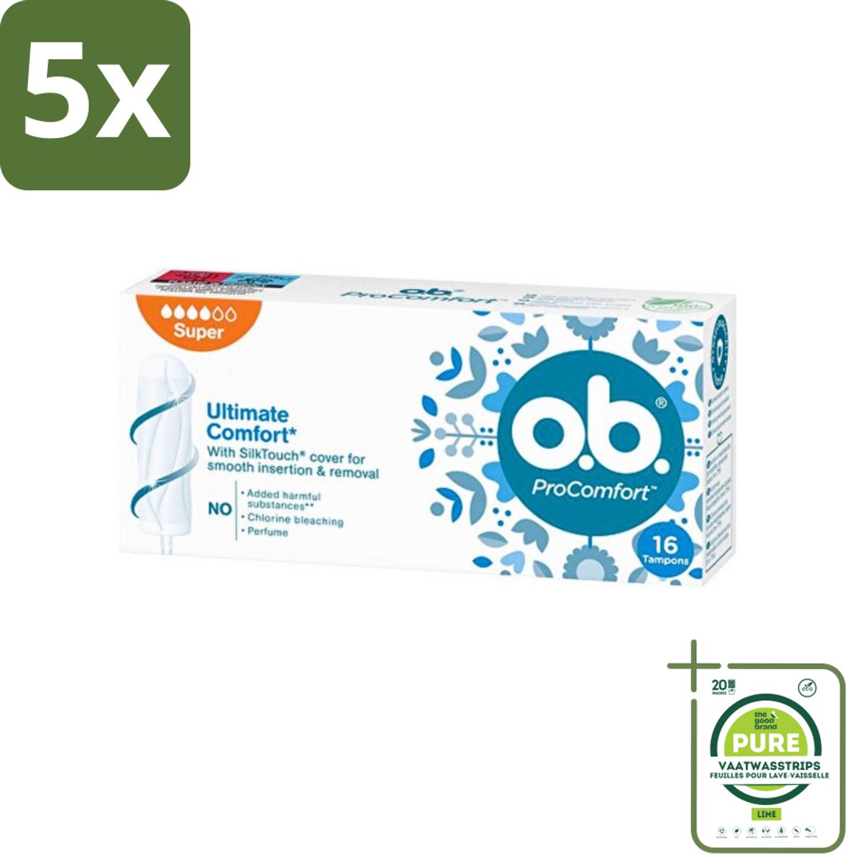 5 x o.b. Tampons - ProComfort Super - Voor Comfort en Zachte Bescherming - 16 Tampons - Grootverpakking - Tampons - Menstruatiebescherming - Comfort - Zachte Bescherming - Plantaardige Kern