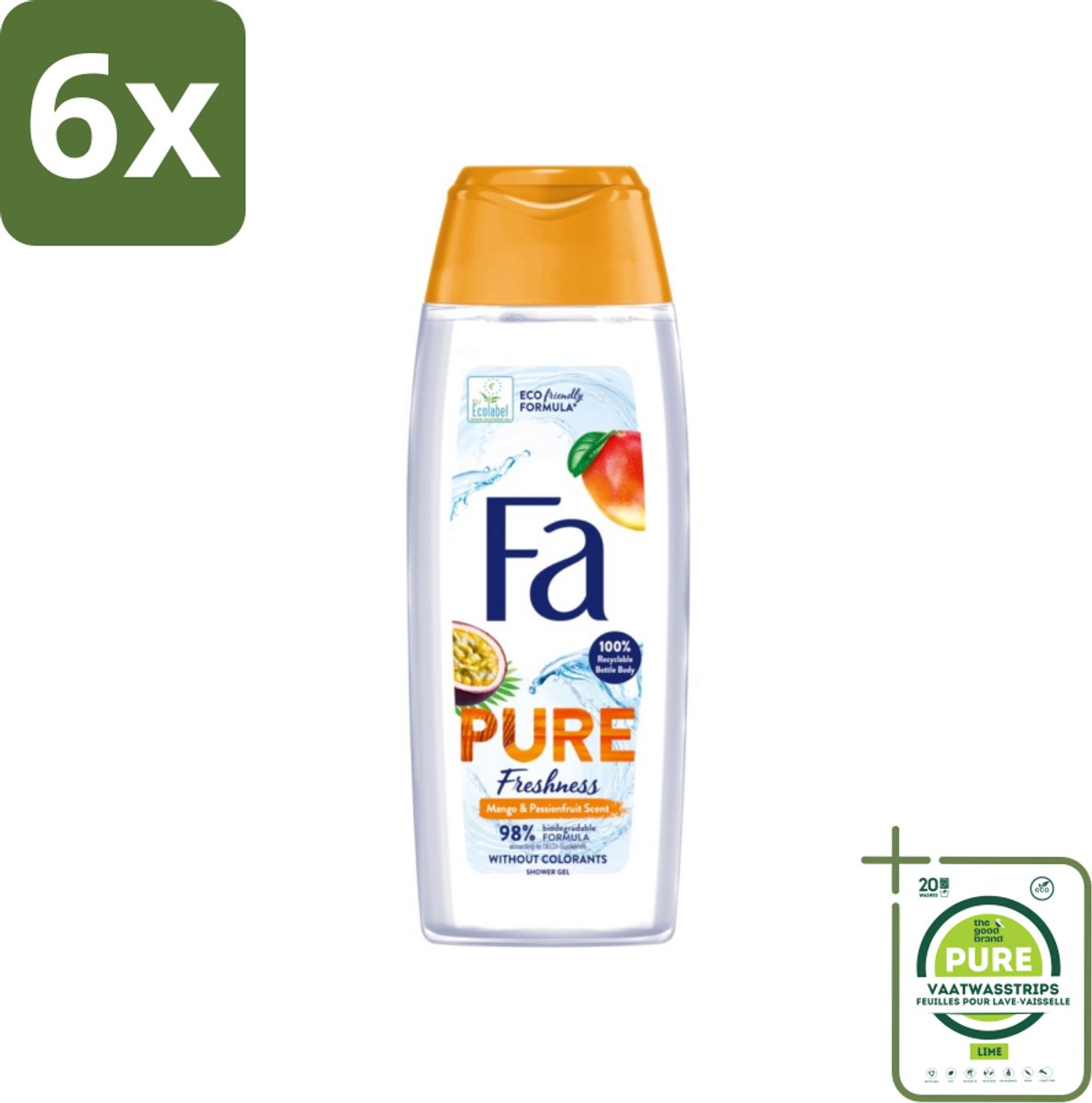 Fa - Douchegel - Pure Freshness Mango & Passievrucht - Verfrissend & Zoet - Hydraterend - 250 ml - Voordeelverpakking - 6 stuks - Douchegel mango passievrucht - Verfrissende geur