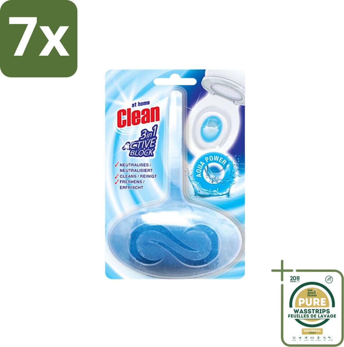 7 x At Home - Clean - Toiletblok - 3in1 Active - Aqua Power - Neutraliseert & Reinigt - 1 Blok - Grootverpakking - Toiletblok - Reinigen - Neutraliseren - Frisheid - Geuren Neutraliseren