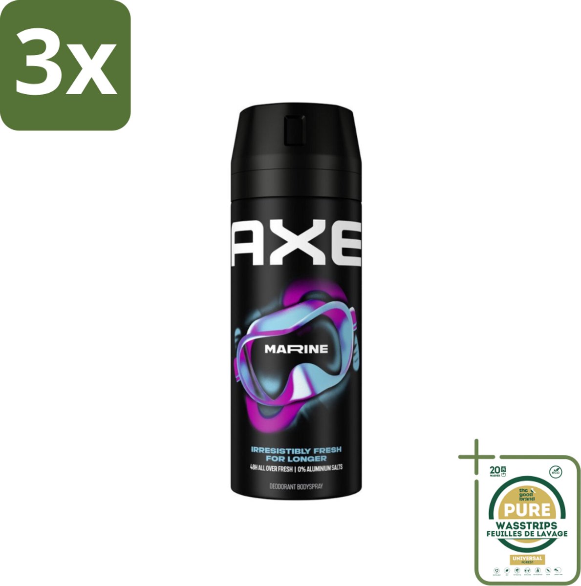 3 x Axe - Deodorant Bodyspray - 100% Fresh Fragrance - Marine - Sea Breeze & Sage - 150 ml - Grootverpakking - Axe Marine - Deodorant Bodyspray - Zeebries - Salie - 48 Uur Geur