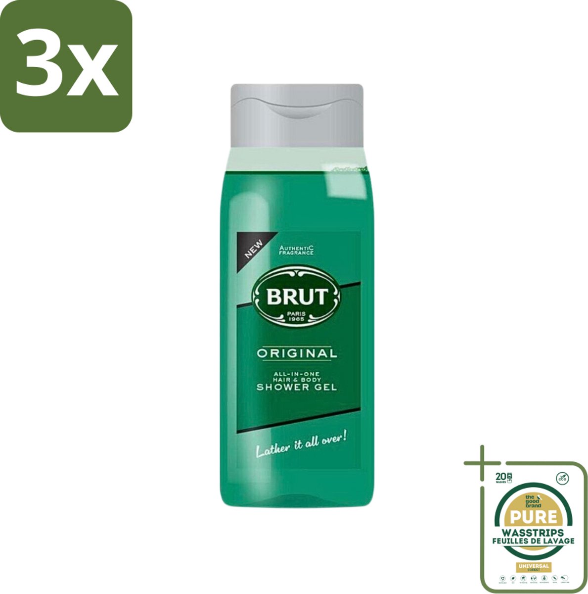 3 x Brut - Douchemiddel - All in One Haar en Body - Original - Verzorgend & Verfrissend - 500ml - Grootverpakking - Douchegel Haar En Lichaam - All In One Douchegel - Brut Original - Verzorgende Douchegel - Frisse Douchegel