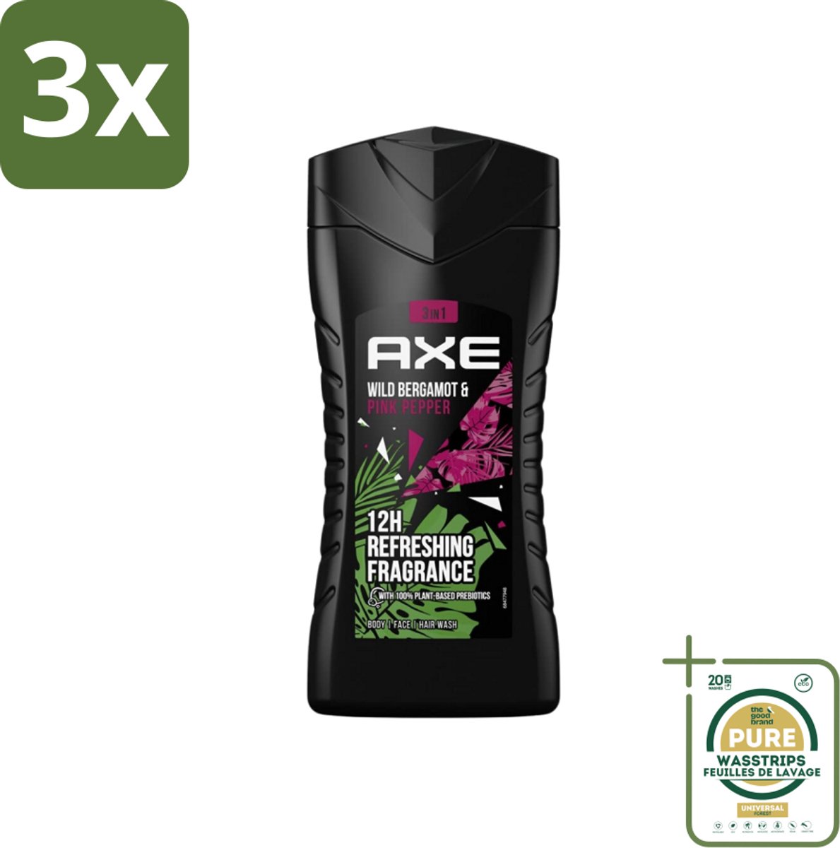3 x Axe - 3-in-1 Douchegel - Wild Bergamot & Pink Pepper - 100% Plantaardig - 250 ml - Grootverpakking - Douchegel - 3-in-1 - Lichaam - Gezicht - Haar