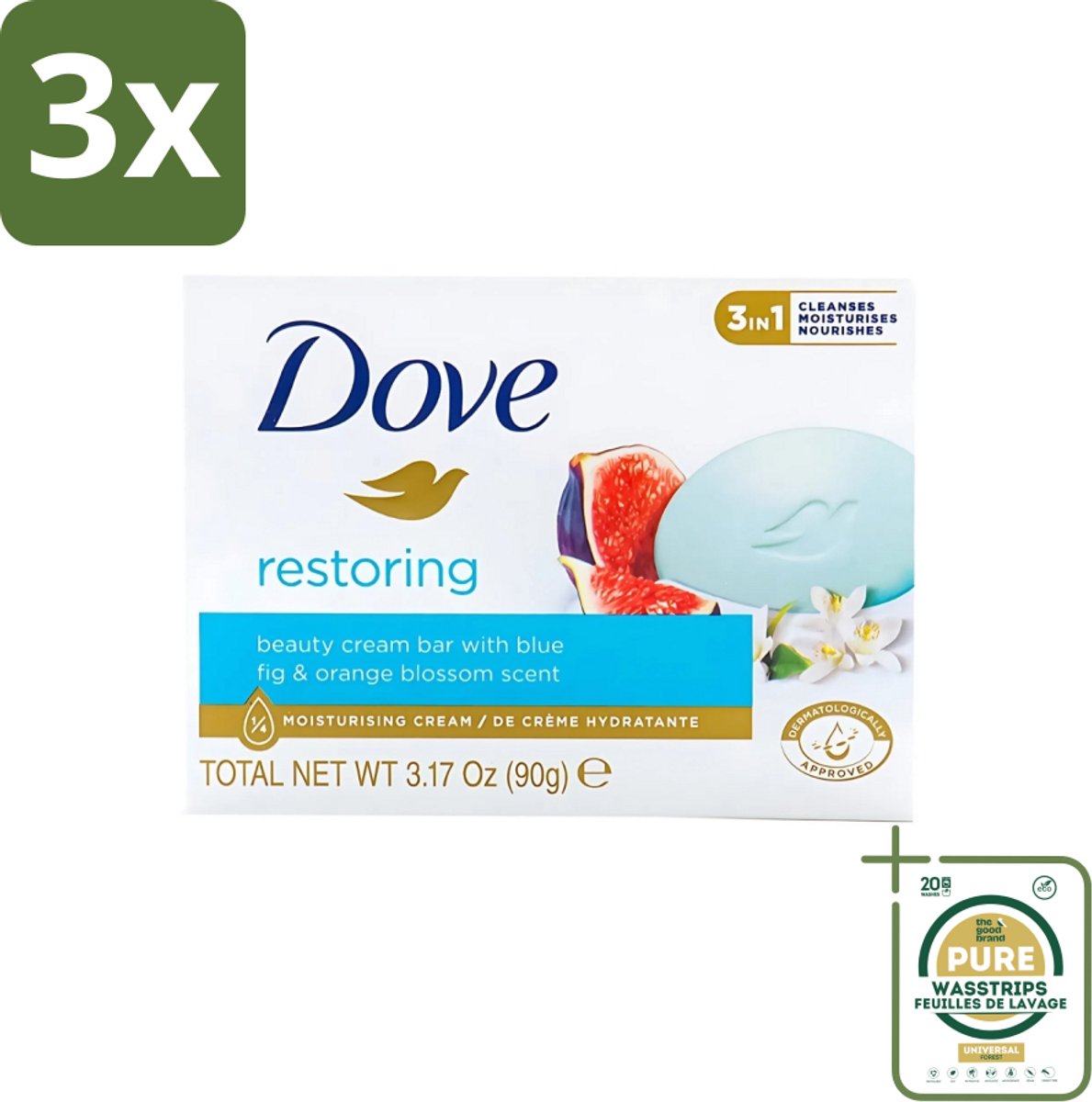3 x Dove - Zeep - Restoring - Blauwe vijg & Sinaasappelbloesem - Hydraterend en verfrissend - 90 g - Grootverpakking - Dove Zeep - Hydraterende Zeep - Verfrissende Zeep - Zeep Voor Huid - Zeep Voor Gezicht