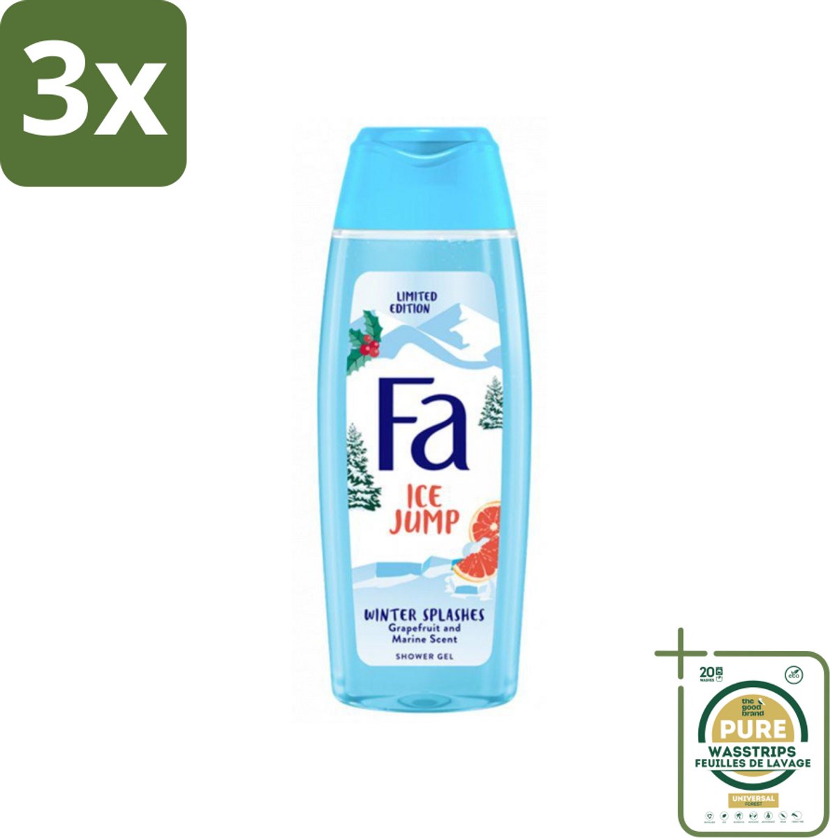 3 x Fa - Douchegel - Winter Splashes Ice Jump - Frisse Geur & Verfrissing - Verzorgend - 250 ml - Grootverpakking - Douchegel - Winter - Zeebries - Grapefruit - Verfrissend