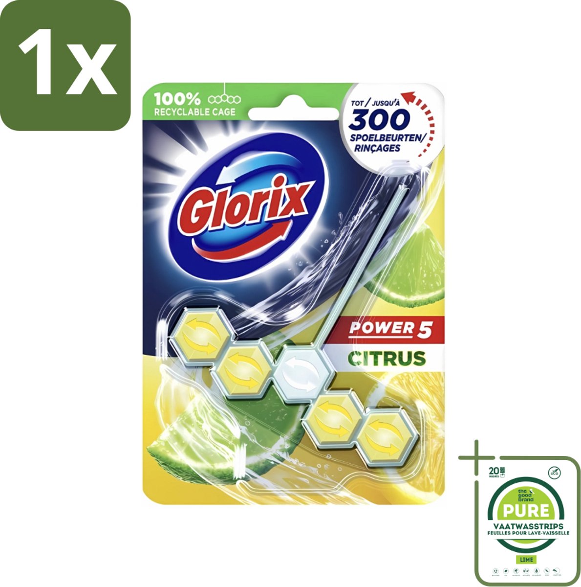 1 x Glorix - Toiletblok - Power 5 - Lemon - Citroenfris & Hygiënisch - 55 g - Toiletblok - Citroengeur - Hygiëne - Reiniging - Anti-kalk