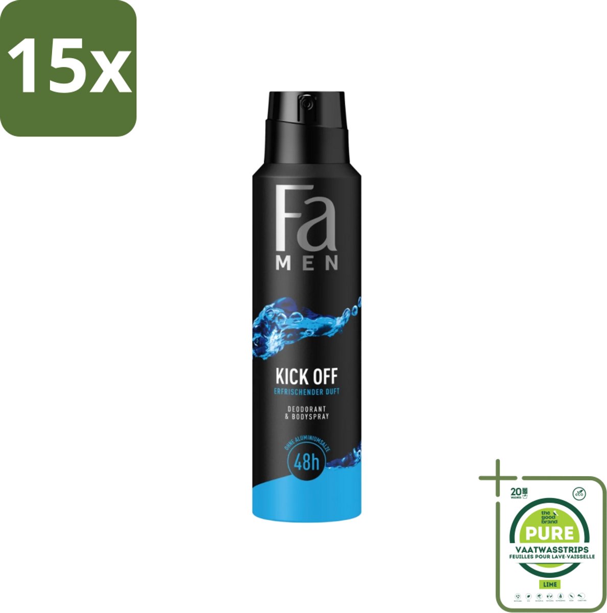 15 x Fa Men - Deodorant Lichaamsspray - Kick-Off - Verfrissend - 48 uur Bescherming - 150 ml - Grootverpakking - Deodorant Spray - 48 Uur Bescherming - Aluminiumvrije Deodorant - Verfrissend Deodorant - Huidvriendelijk Deodorant
