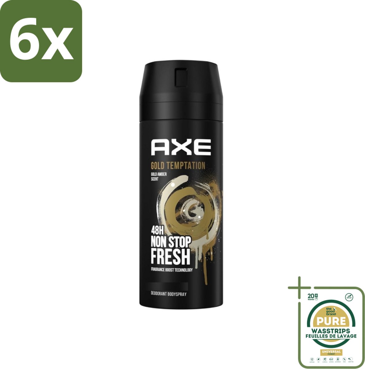 Axe - Deodorant Bodyspray - 48hrs Non Stop Fresh - Gold Temptation - Gold Amber - 150 ml - Voordeelverpakking - 6 stuks - Frisheid - Geur