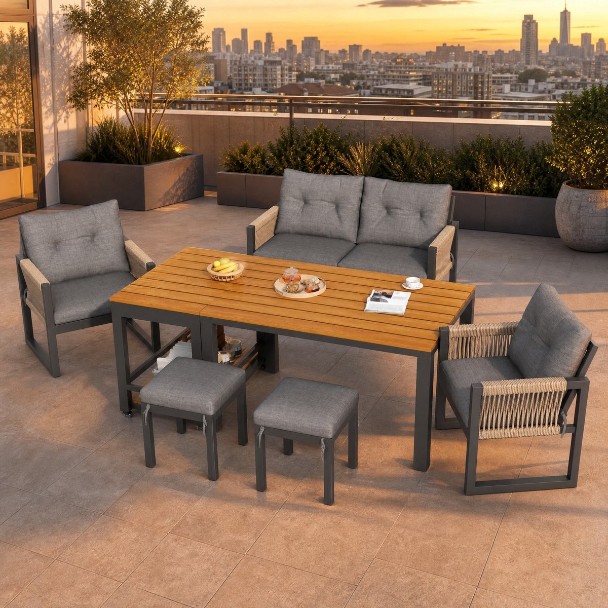 COVREO Loungeset grijs en naturel, metaal en touw, met tafel en kussens