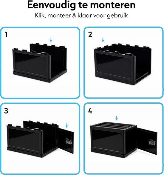 Instructie met 4 stappen voor het monteren van een zwarte opbergbox. Elke stap toont een deel van het montageproces.