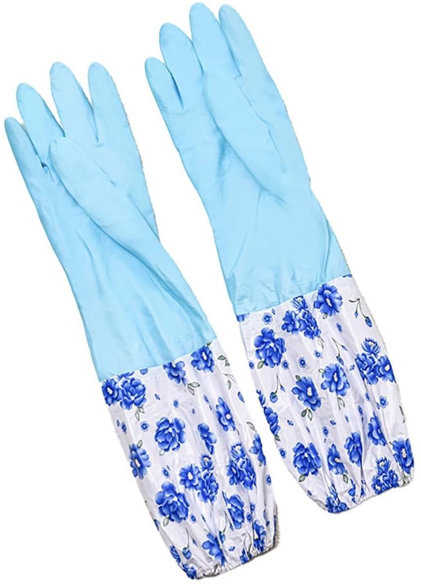 Rubberen Schoonmaak Handschoenen met Katoenen Binnenvoering voor Tuin en Afwas, Waterdicht, Blauw, Lang Model, Maat #7