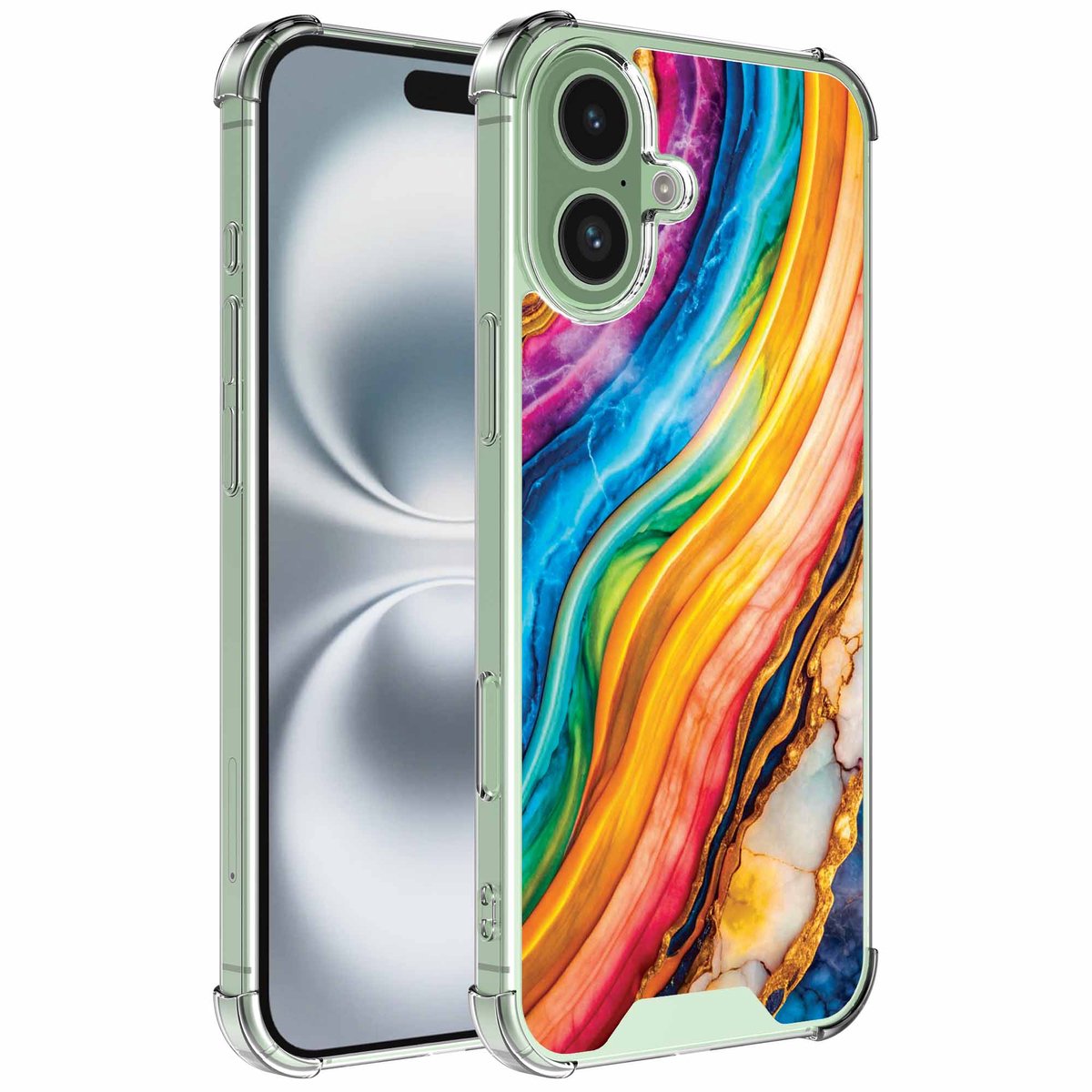 Smartphonica Geschikt voor iPhone 16 Plus Telefoonhoesje met Goud Regenboog Marmer opdruk - Draadloos op te laden - Shockproof Siliconen TPU Strong Case - Sterk Schokbestendig Telefoonhoesje geschikt voor iPhone 16 Plus