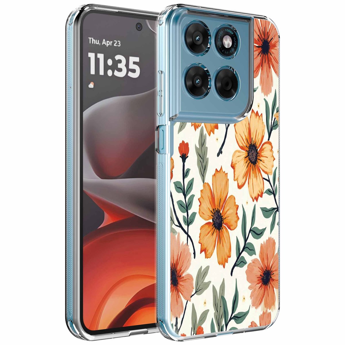 Smartphonica Geschikt voor Motorola Moto G15 Telefoonhoesje met Oranje Bloemen opdruk - Draadloos op te laden - Shockproof Siliconen TPU Strong Case - Sterk Schokbestendig Telefoonhoesje geschikt voor Motorola Moto G15