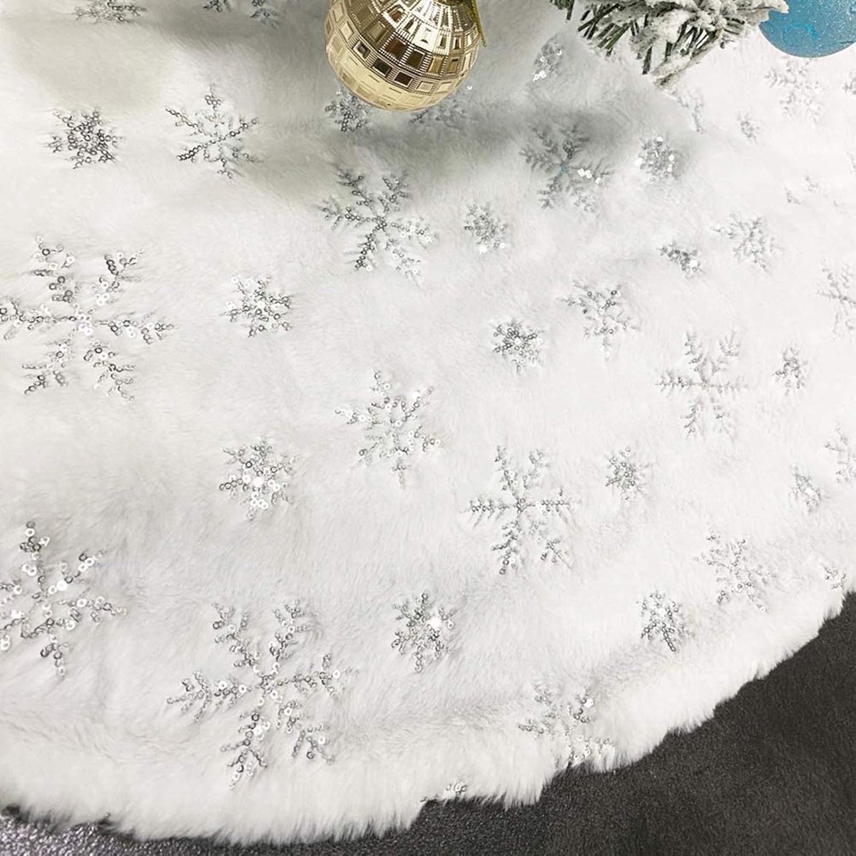 Witte Kerstboomrok met Zilveren Pailletten Sneeuwvlokken - Luxe Pluche Kerstboommat 120 cm - Herbruikbare Kerstdecoratie