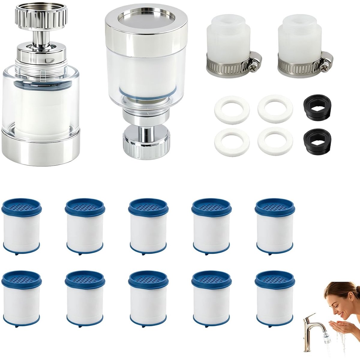 Set van 2 Mini Kranenfilters met 10 Vervangbare Patronen voor Chloor- en Kalkverwijdering, 360° Spoelbakfilter voor Kranen