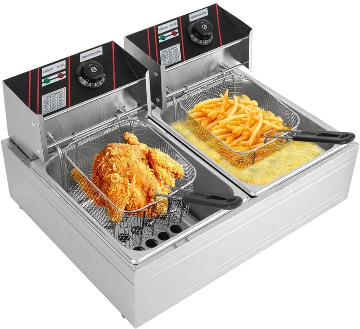 Klarven® Frituurpan - Dubbele tank, geen smaakoverdracht - Temperatuurregeling 60-200 °C, snelle opwarming - Zilver B 38 x D 30 x H 41 cm